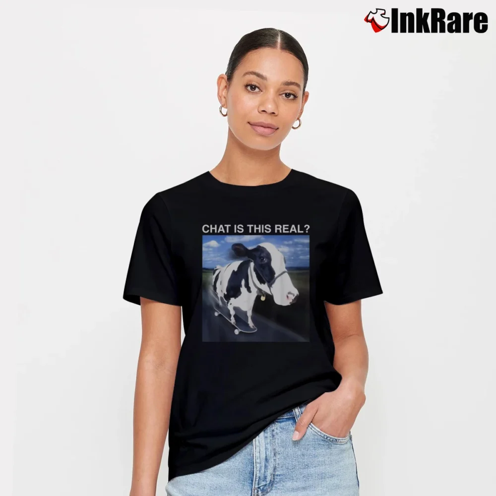 Women’s Skateboard Chat Is This Real Cow Meme T-Shirt in black | Soft, Flattering Fit