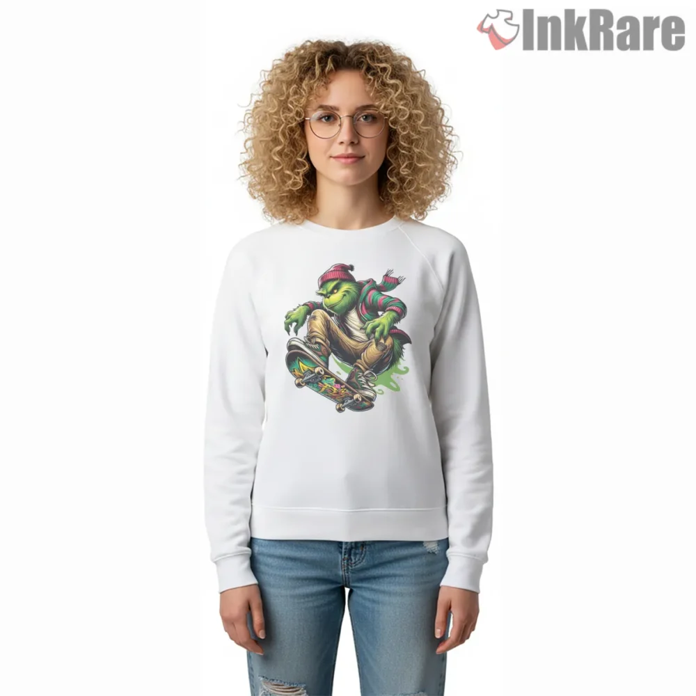 Skateboarding Grinch Street Style Christmas Shirt on graphic shirt for women graphic tee