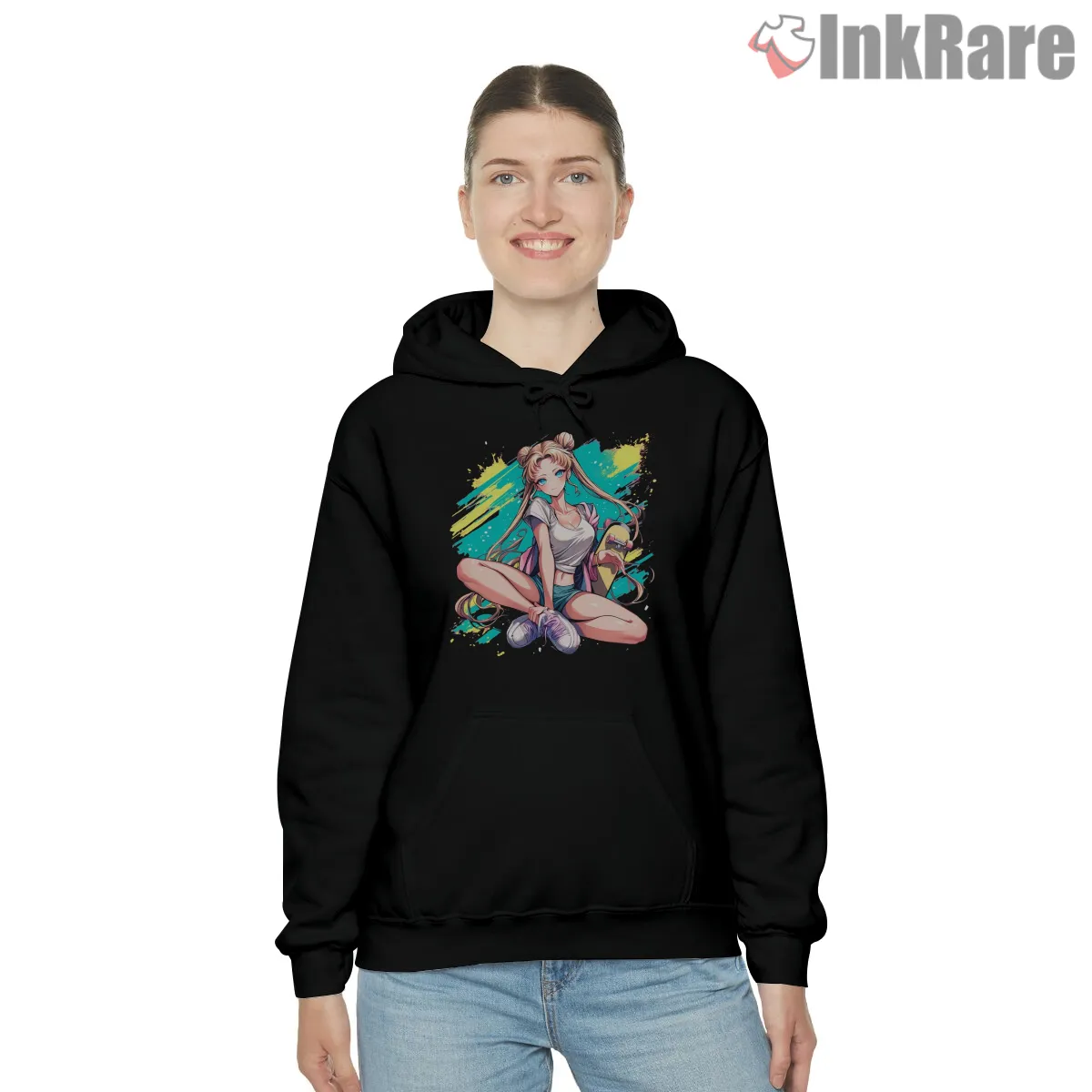 Skater Moon Street Style Energy Shirt on black hoodie for women graphic tee