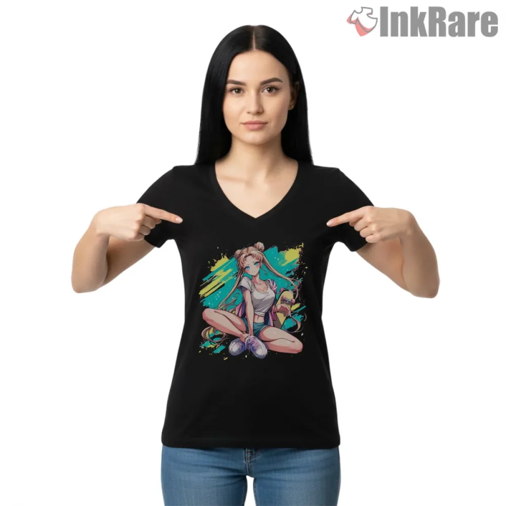 Skater Moon Street Style Energy Shirt on black v-neck shirt for women graphic tee