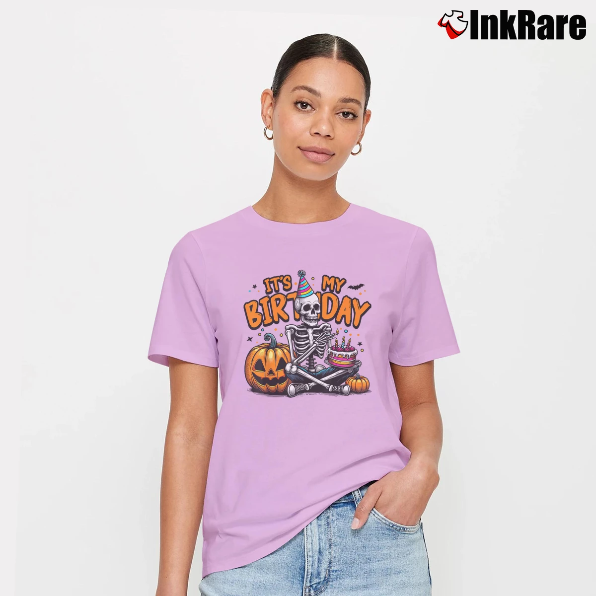 Women’s Skeleton Birthday Party Happy Halloween T-Shirt in light pink | Soft, Flattering Fit
