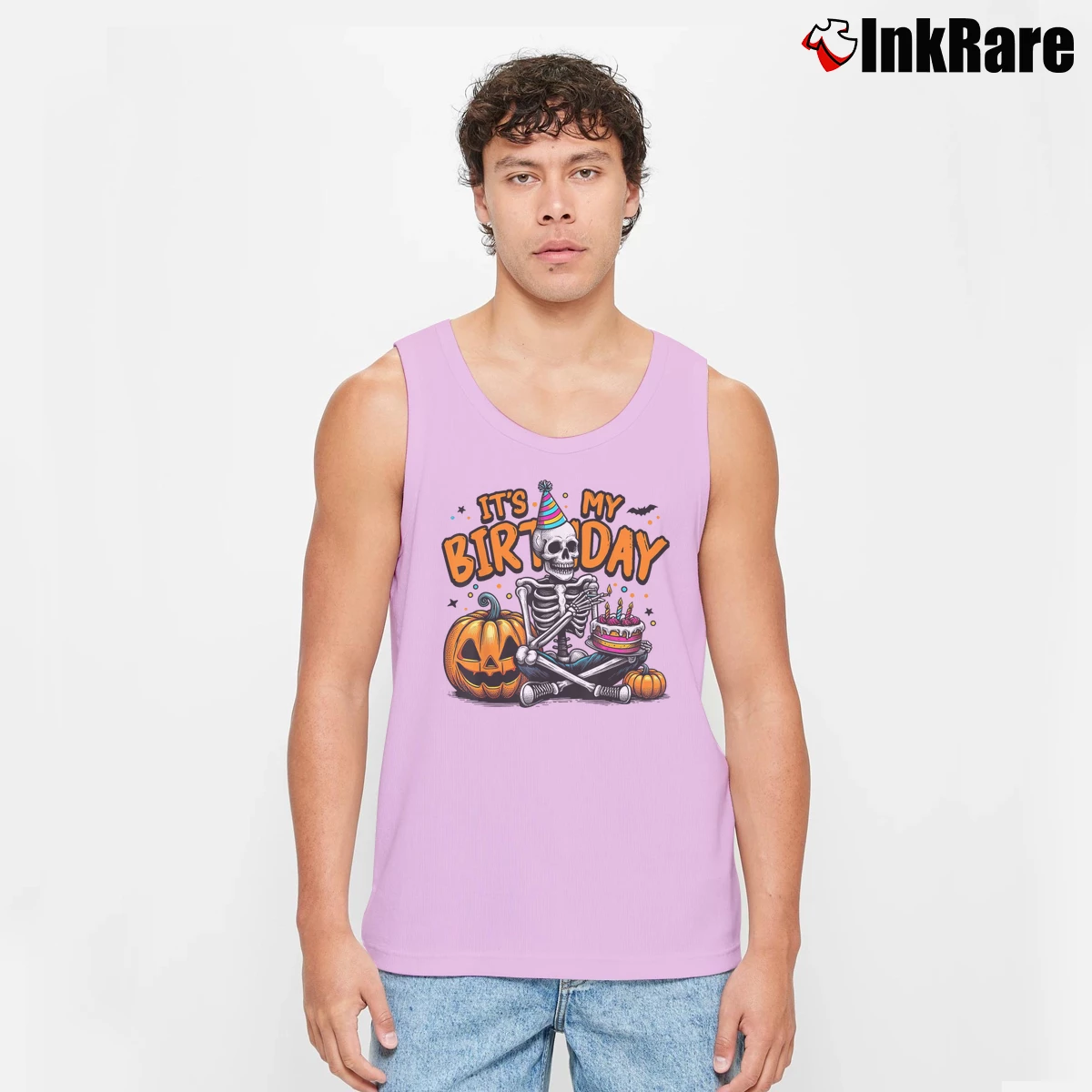 Men’s Skeleton Birthday Party Happy Halloween Tank Top in light pink | Breathable, Active-Friendly Design