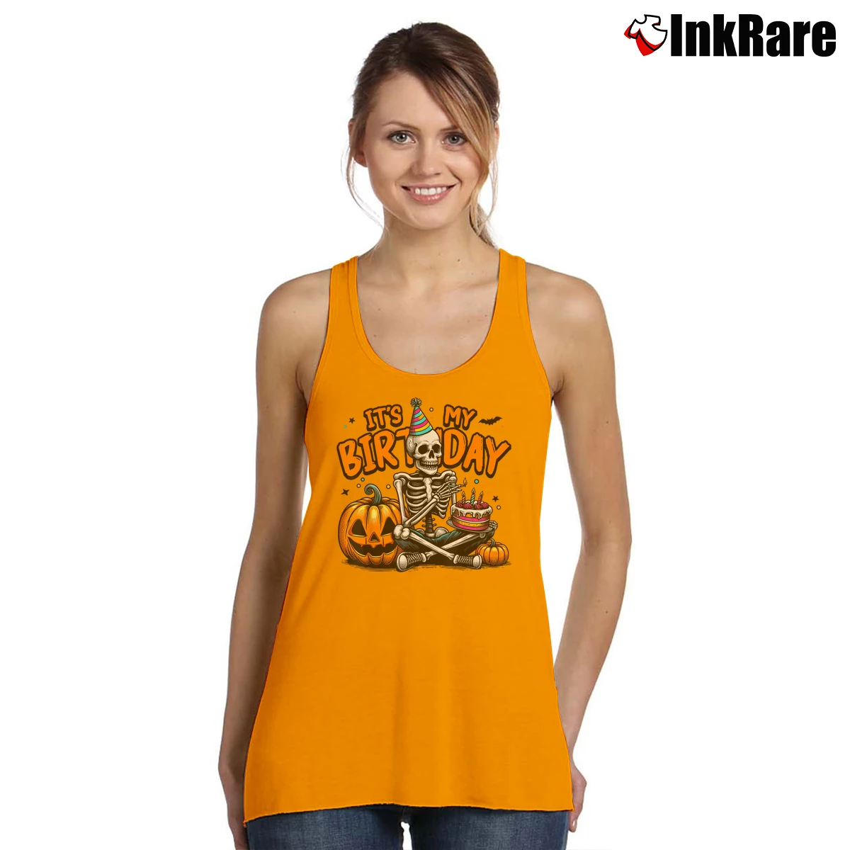 Women’s Skeleton Birthday Party Happy Halloween Tank Top in orange | Lightweight, Movement-Friendly