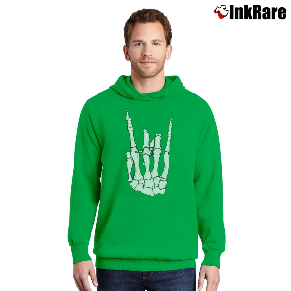 Men’s Skeleton Hand Rock On Pullover Hoodie in irish green | Cozy, Durable, Modern Fit