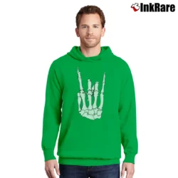 Men’s Skeleton Hand Rock On Pullover Hoodie in irish green | Cozy, Durable, Modern Fit