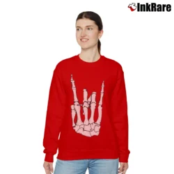 Women’s Skeleton Hand Rock On Relaxed Sweatshirt in red | Soft, Laid-Back Vibe