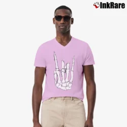 Men’s Skeleton Hand Rock On V-Neck Tee in light pink | Sharp, Breathable, Everyday Staple