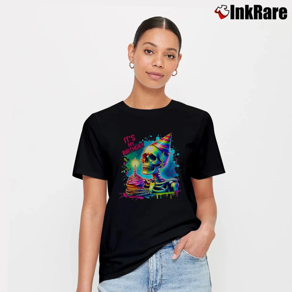 Women’s Skeleton Its My Birthday Halloween Costume T-Shirt in black | Soft, Flattering Fit