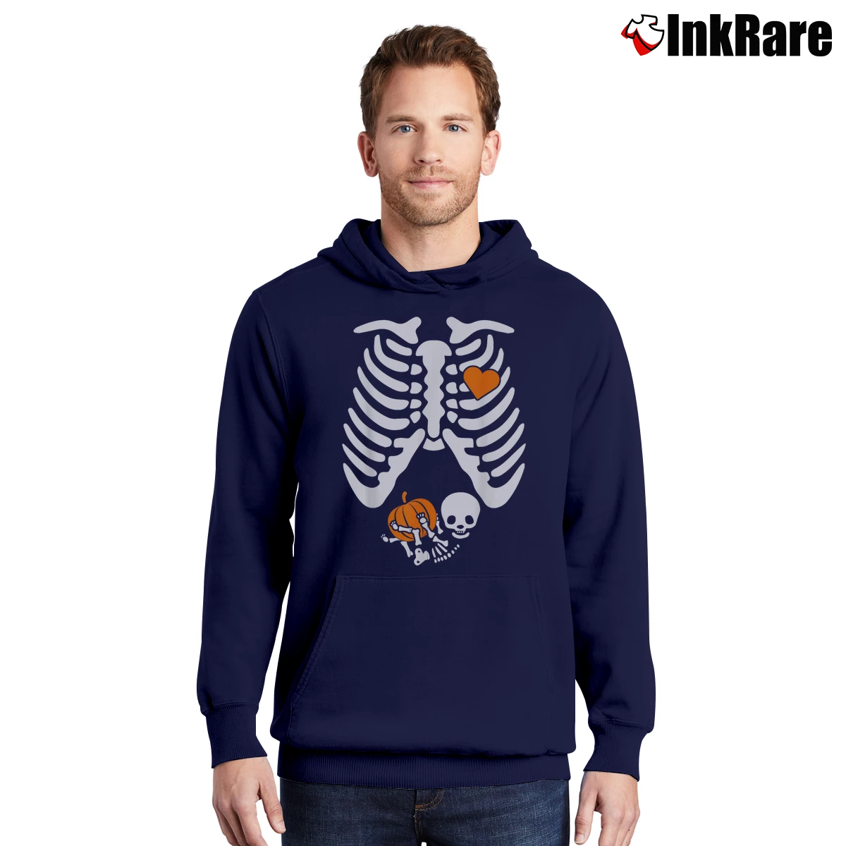 Men’s Skeleton Pregnancy Announcement Mom Halloween Pullover Hoodie in navy | Cozy, Durable, Modern Fit