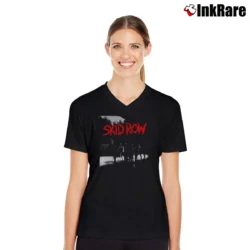 Women’s Skid Row 80s Makin A Mess Of Japan Tour Vintage Rock Band V-Neck Tee in black | Chic Neckline, Soft Texture