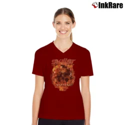 Women’s Skillet Monster Hot Topic Band V-Neck Tee in maroon | Chic Neckline, Soft Texture