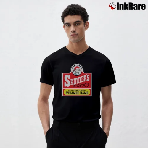 Men’s Skinners Old Fashioned Steamed Hams Simpsons V-Neck Tee in black | Sharp, Breathable, Everyday Staple