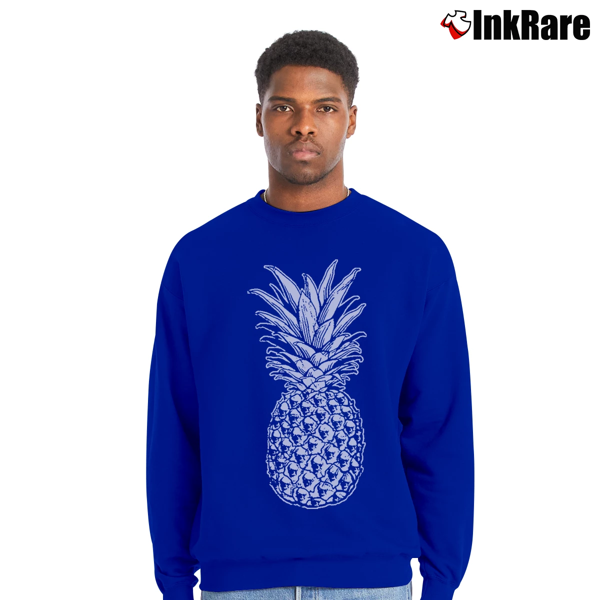 Men’s Skull Pineapple Retro Style Hipster Crewneck Sweatshirt in royal blue | Cozy Fabric, Clean Style