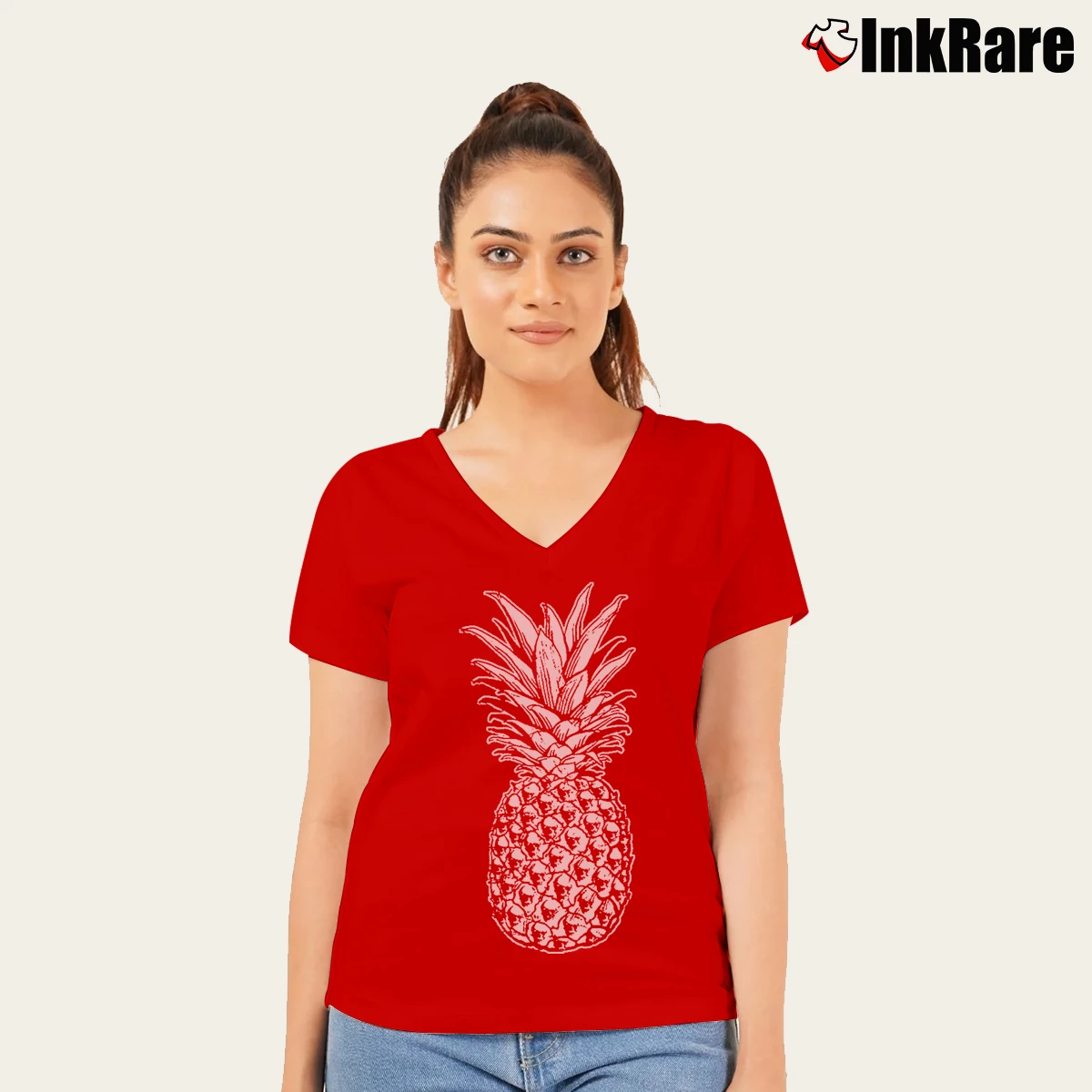 Women’s Skull Pineapple Retro Style Hipster V-Neck Tee in red | Chic Neckline, Soft Texture