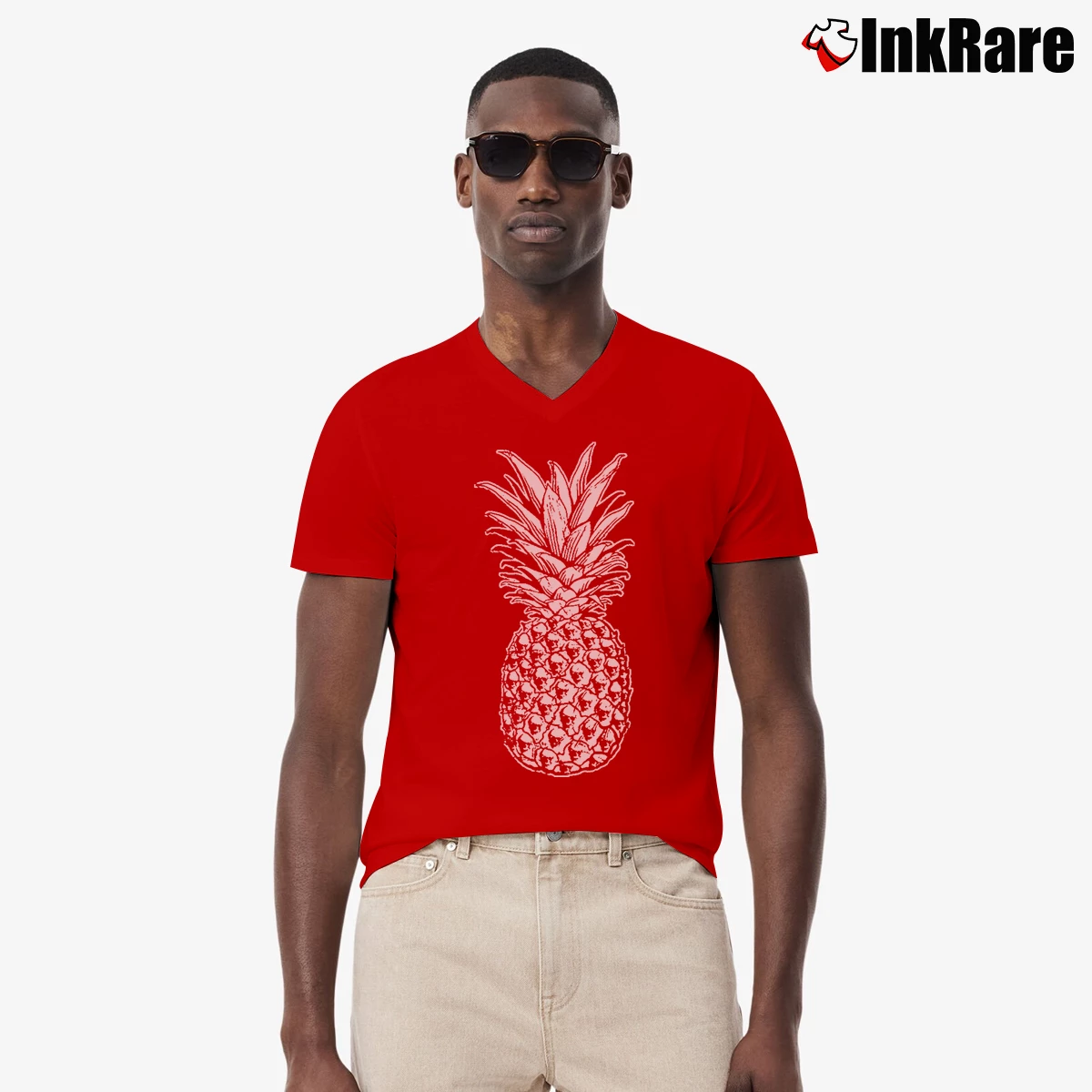 Men’s Skull Pineapple Retro Style Hipster V-Neck Tee in red | Sharp, Breathable, Everyday Staple