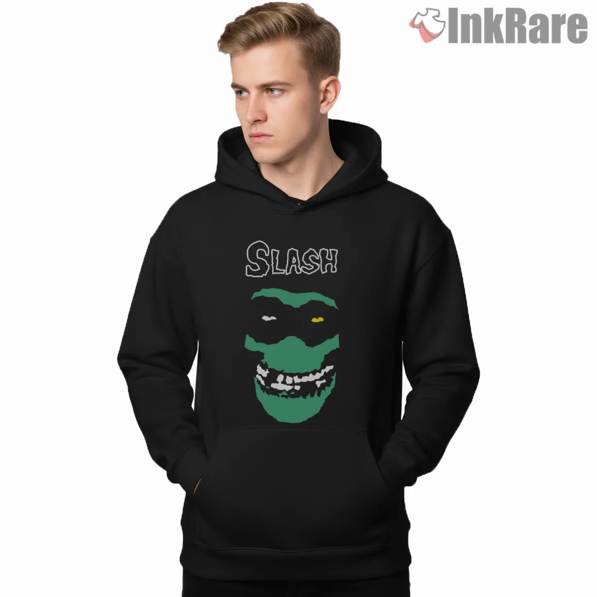 Slash Green Mask Skull Grin Parody Shirt on black hoodie for men graphic tee