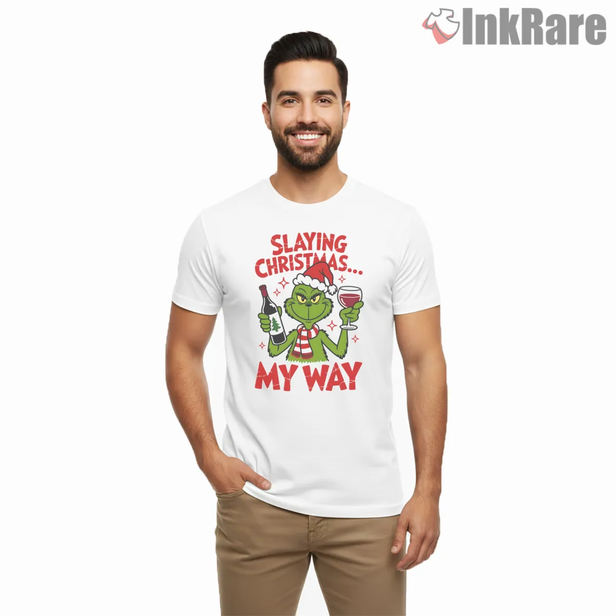 Slaying Christmas My Way Funny Wine Grinch Short Sleeve White Slaying Christmas My Way Funny Wine Grinch Shirt on white short sleeve shirt for men graphic tee