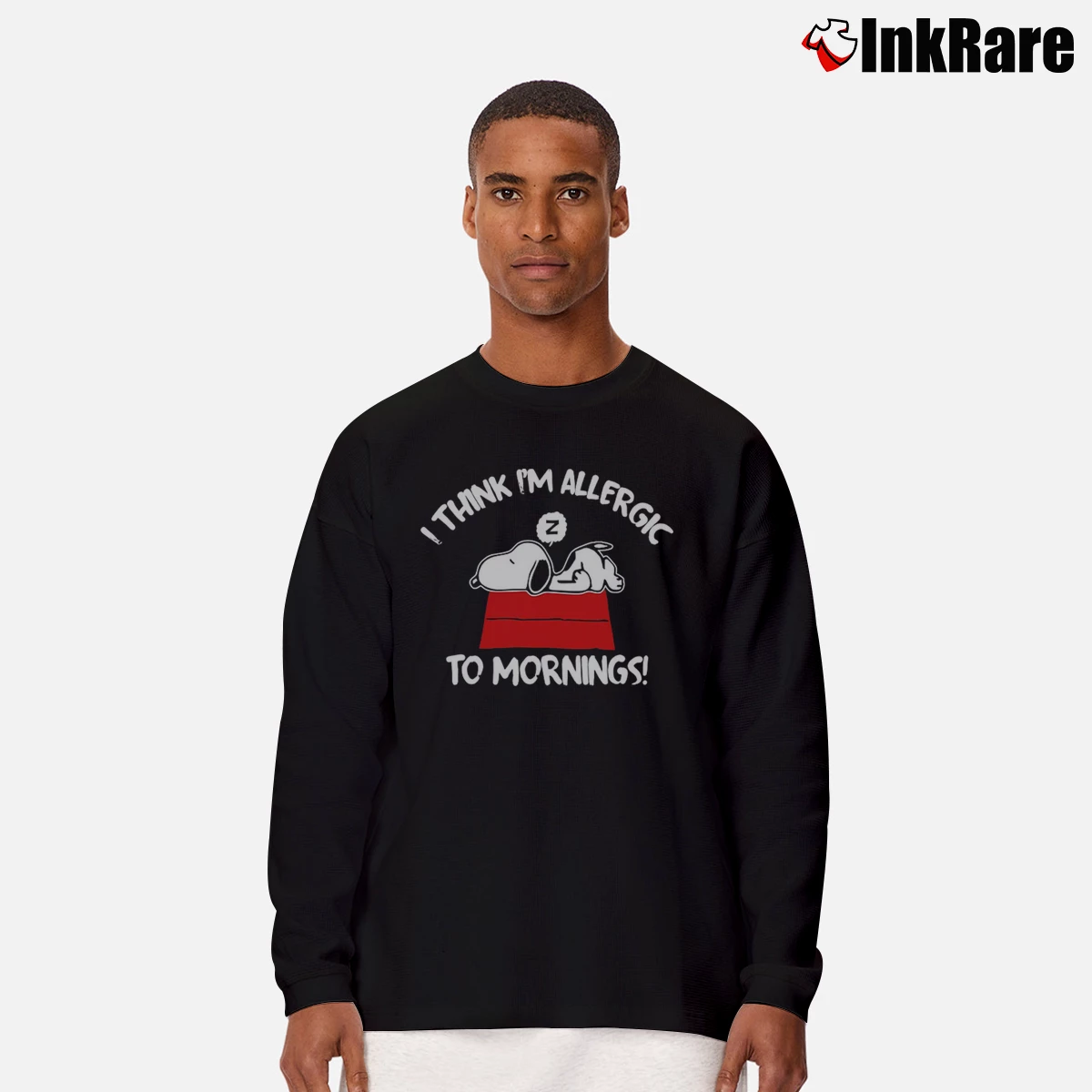 Sleeping Snoopy I Think I’m Allergic To Mornings Men’s Long-Sleeve Tee in black – Versatile Layering Men’s Sleeping Snoopy I Think I'm Allergic To Mornings Long-Sleeve Shirt in black | Sleek, Lightweight, Year-Round Wear