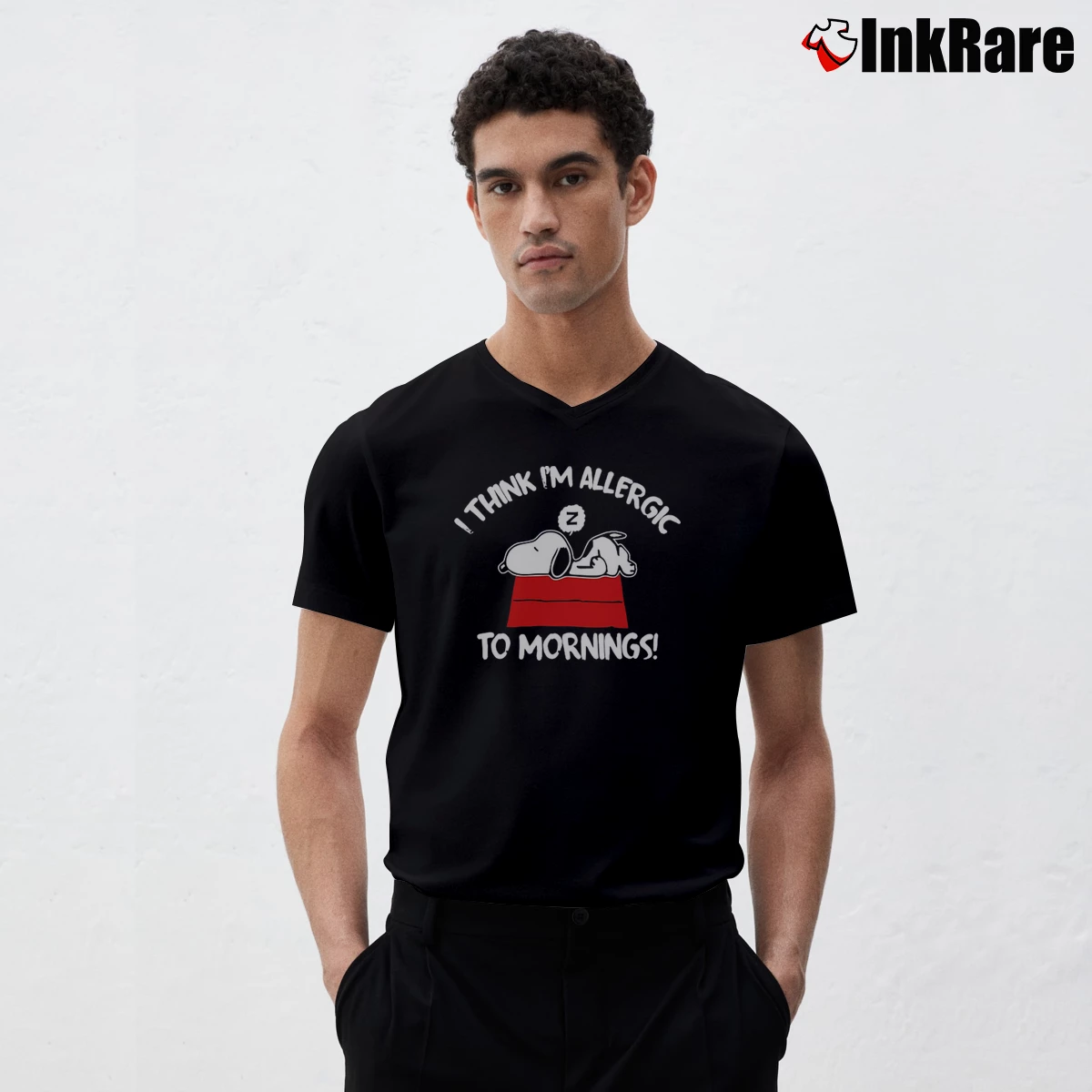 Sleeping Snoopy I Think I’m Allergic To Mornings Men’s V-Neck Tee in black – Modern Essential Men’s Sleeping Snoopy I Think I'm Allergic To Mornings V-Neck Tee in black | Sharp, Breathable, Everyday Staple