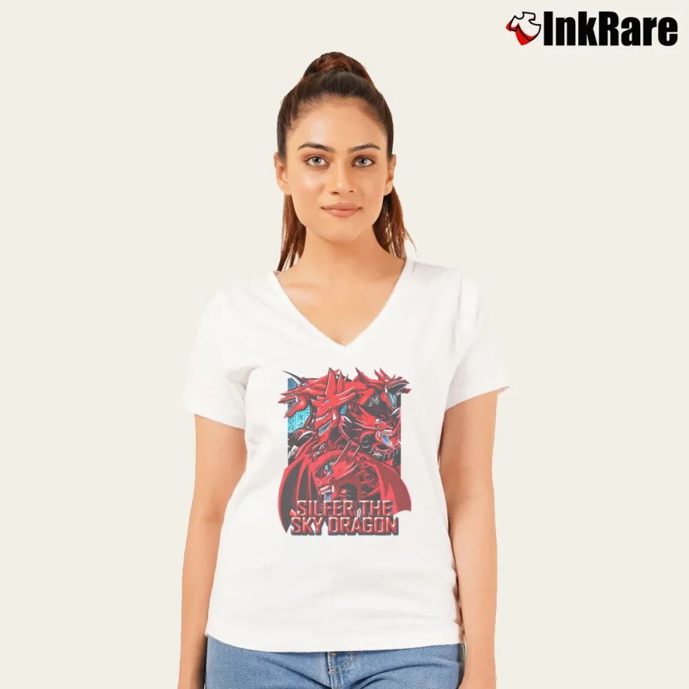 Women’s Slifer The Sky Dragon Yugioh Egyptian Gods V-Neck Tee in white | Chic Neckline, Soft Texture