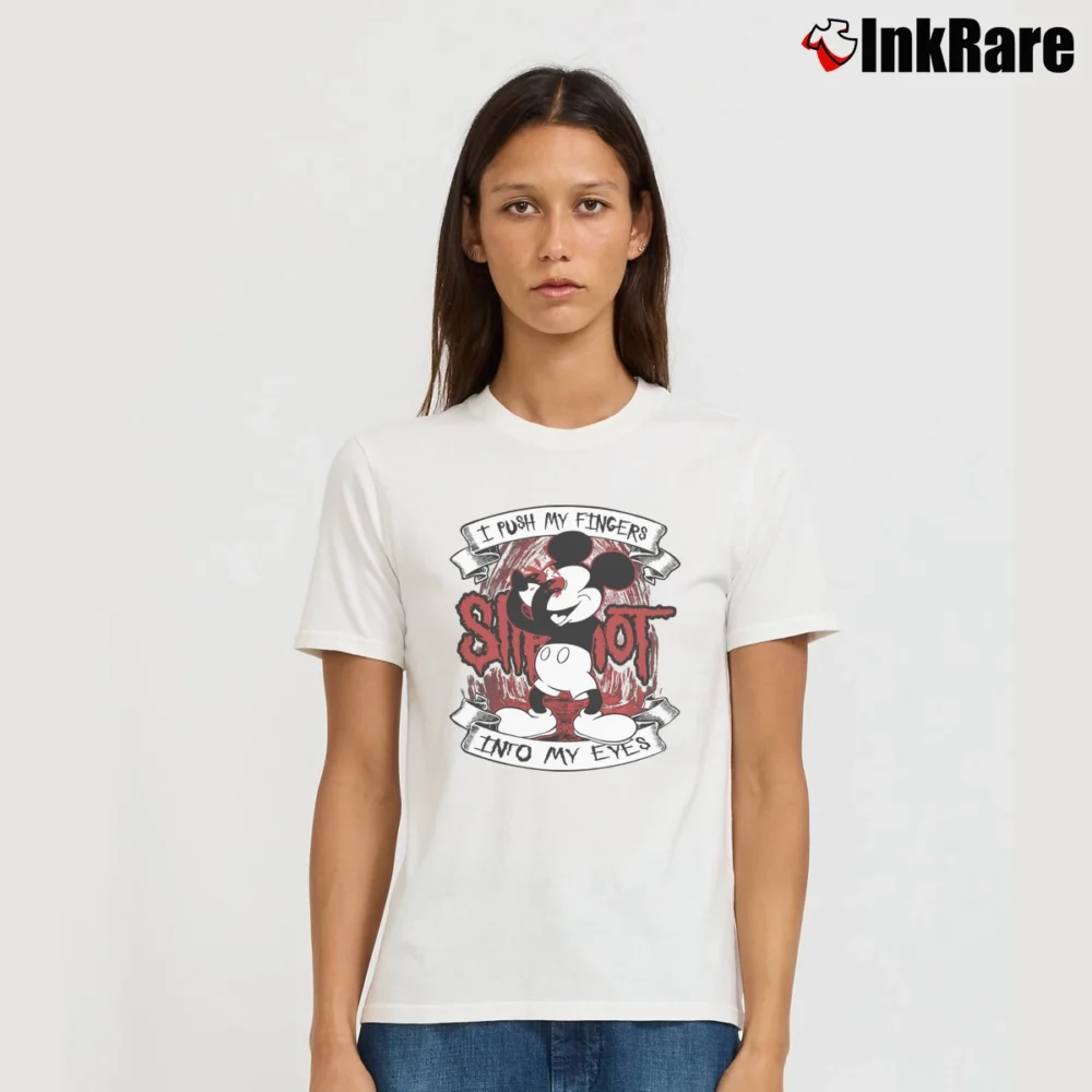 Women’s Slipknot Mickey Mouse I Push My Fingers Into My Eyes Signature T-Shirt in white | Soft, Flattering Fit