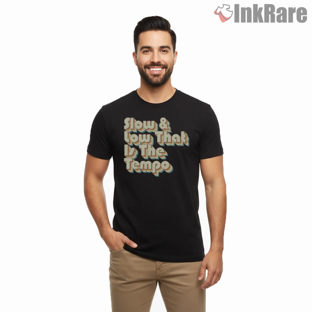 Slow And Low That Is The Tempo Retro Lettering Shirt on black short sleeve shirt for men graphic tee