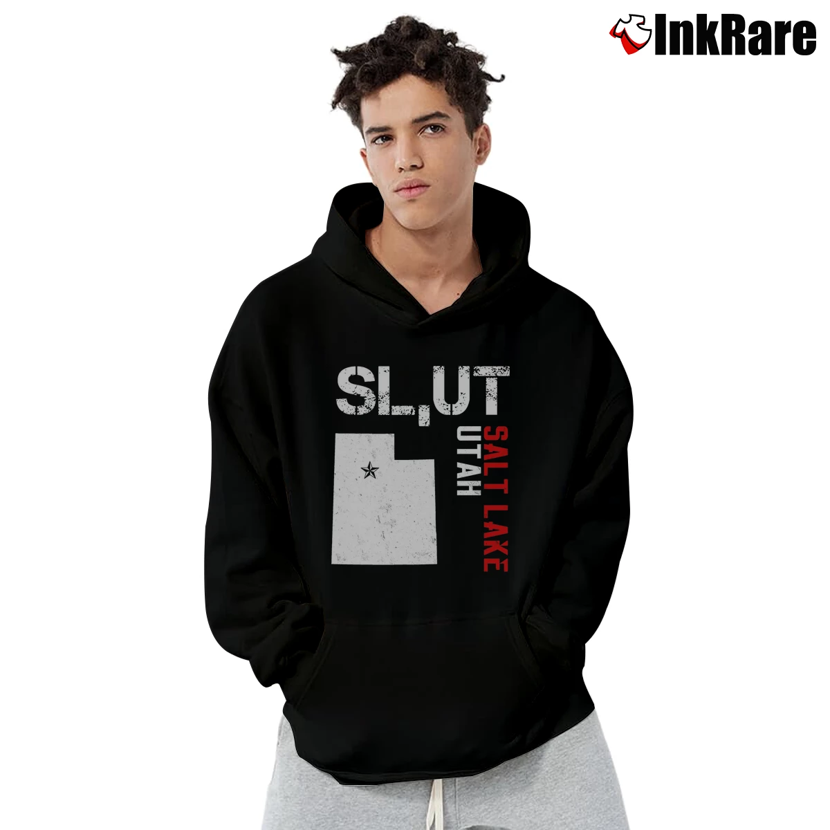 Men’s Slut Salt Lake Utah Mormon Political Statement Pullover Hoodie in black | Cozy, Durable, Modern Fit