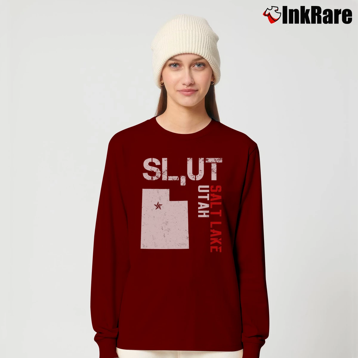 Women’s Slut Salt Lake Utah Mormon Political Statement Long-Sleeve Top in maroon | Sleek, Versatile, All-Season