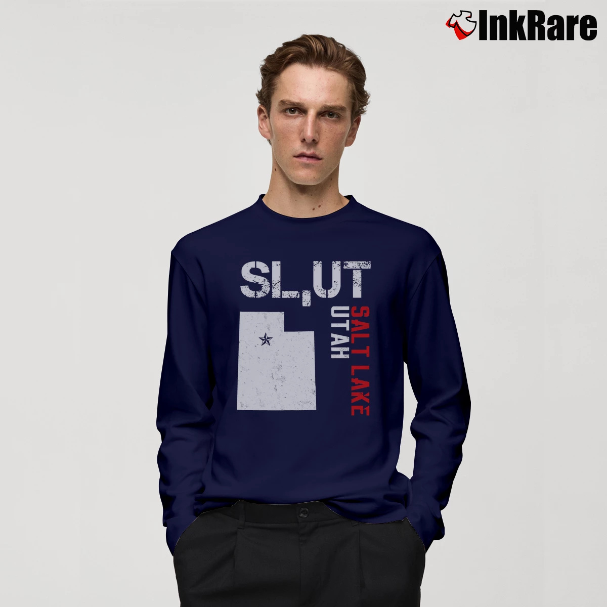 Men’s Slut Salt Lake Utah Mormon Political Statement Long-Sleeve Shirt in navy | Sleek, Lightweight, Year-Round Wear
