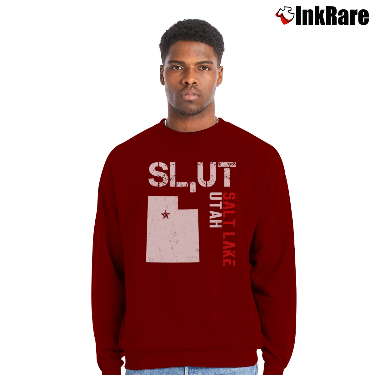 Men’s Slut Salt Lake Utah Mormon Political Statement Crewneck Sweatshirt in maroon | Cozy Fabric, Clean Style