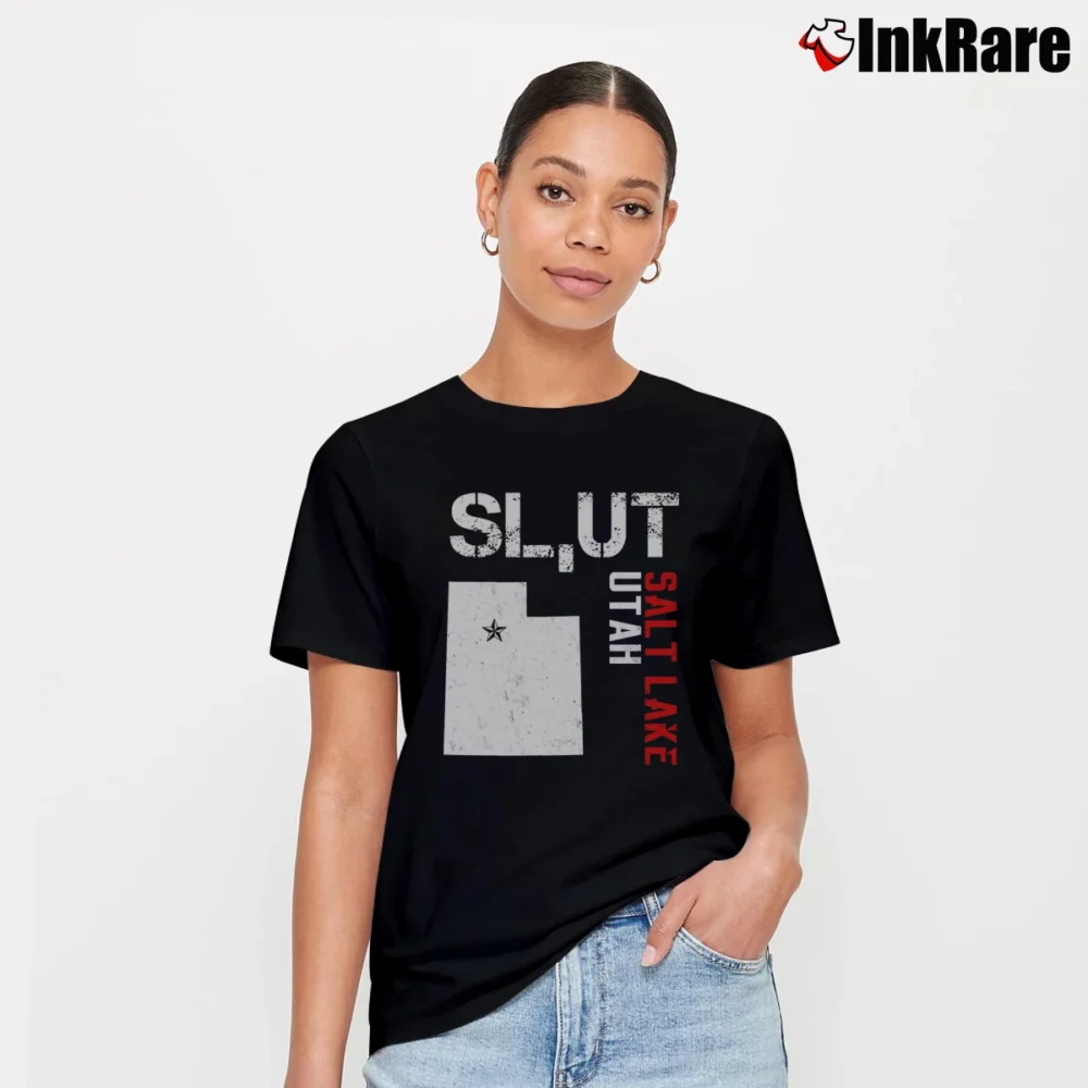 Women’s Slut Salt Lake Utah Mormon Political Statement Signature T-Shirt in black | Soft, Flattering Fit