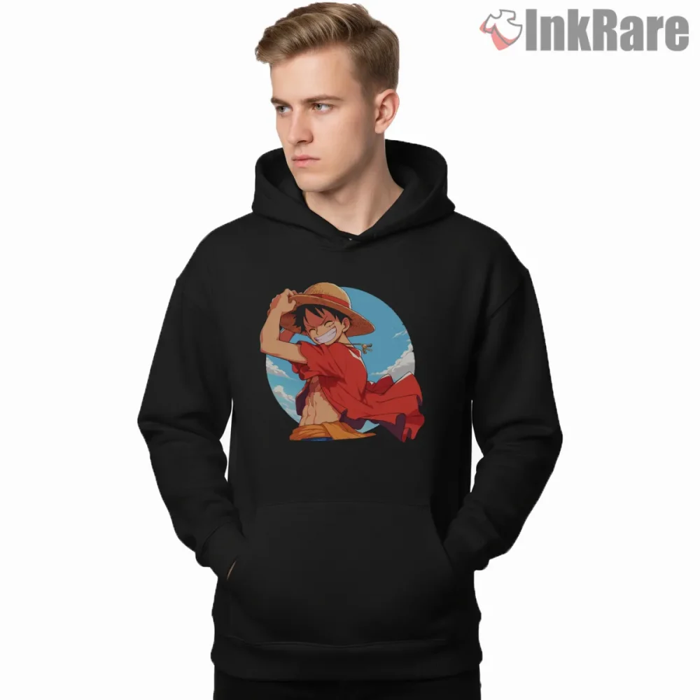 Smiling Monkey D Luffy Straw Hat Adventure Anime Shirt on black hoodie for men graphic tee