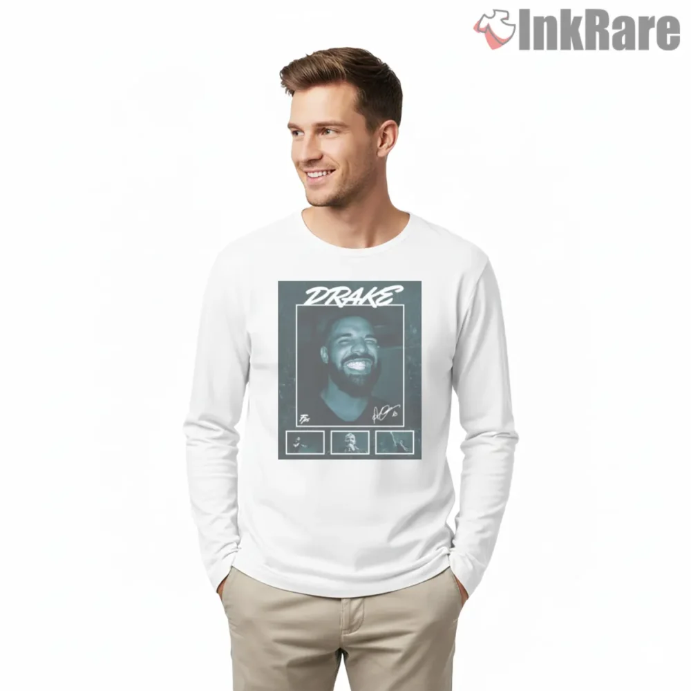 Smiling Vintage Drake Teal Polaroid Shirt on white long sleeve shirt for men graphic tee