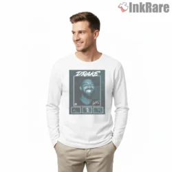 Smiling Vintage Drake Teal Polaroid Shirt on white long sleeve shirt for men graphic tee