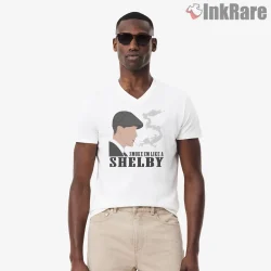 Smoke Em Like A Shelby Bold Typography Portrait Shirt on white v-neck shirt for men graphic tee