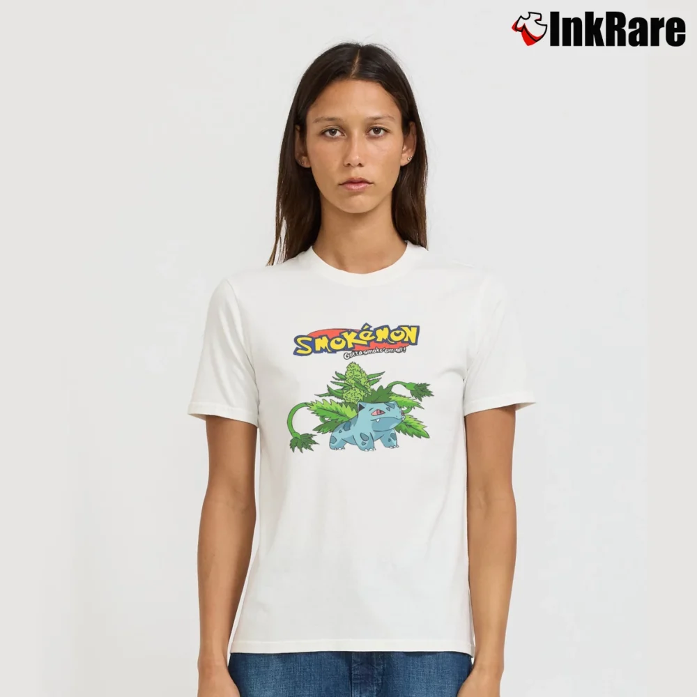 Women’s Smokemon Bulbasaur Weed Pokemon Stoner Signature T-Shirt in white | Soft, Flattering Fit