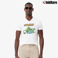 Men’s Smokemon Bulbasaur Weed Pokemon Stoner V-Neck Tee in white | Sharp, Breathable, Everyday Staple