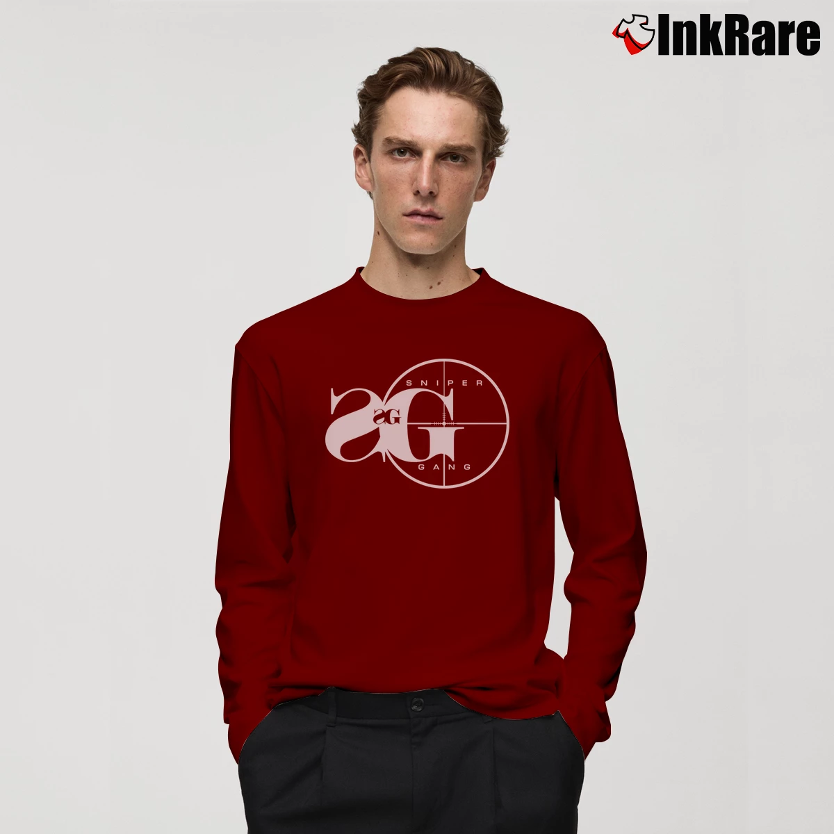 Men’s Sniper Gang Logo Graphic Long-Sleeve Shirt in maroon | Sleek, Lightweight, Year-Round Wear