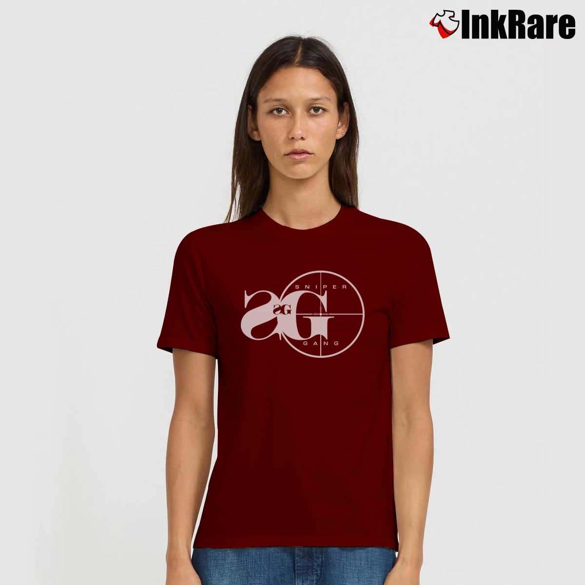 Women’s Sniper Gang Logo Graphic Signature T-Shirt in maroon | Soft, Flattering Fit