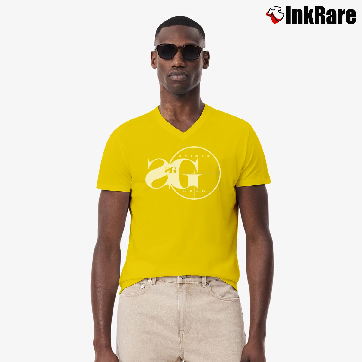 Men’s Sniper Gang Logo Graphic V-Neck Tee in yellow | Sharp, Breathable, Everyday Staple
