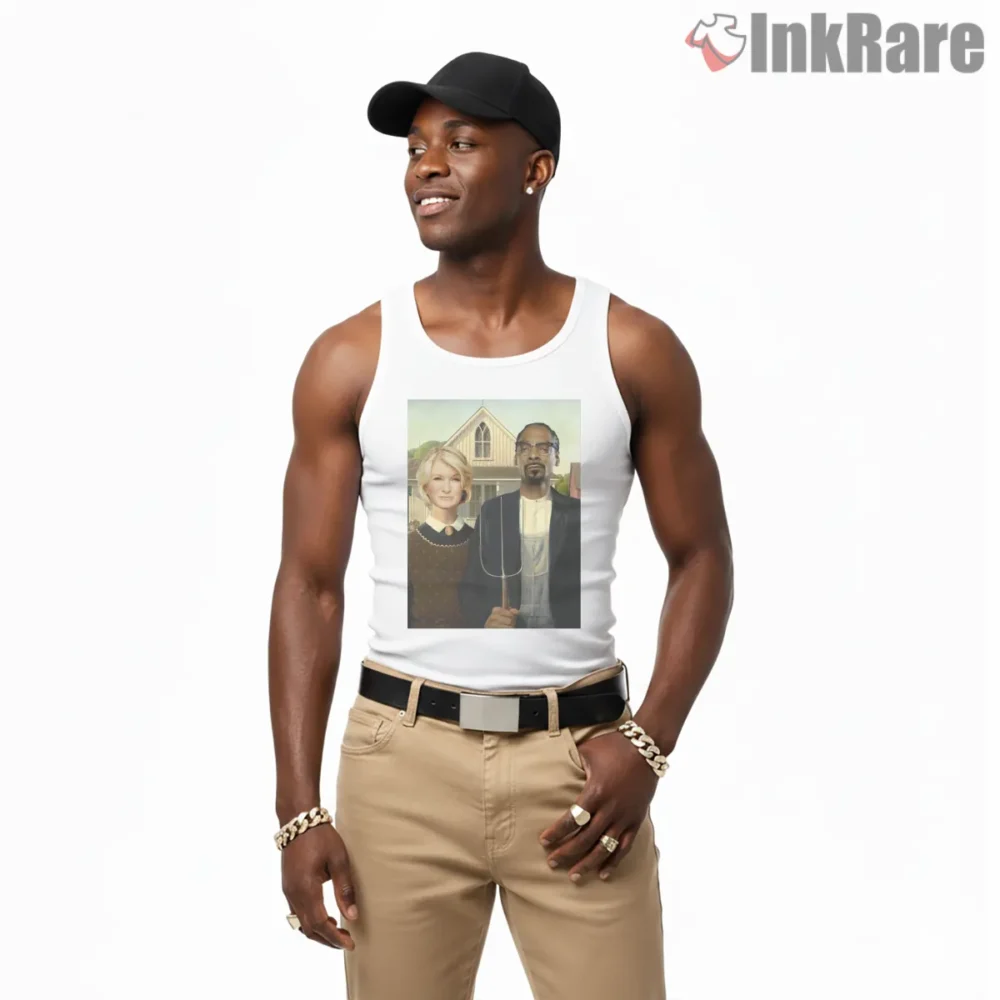 Snoop Dogg And Martha American Gothic Parody Shirt on white tank top for men graphic tee