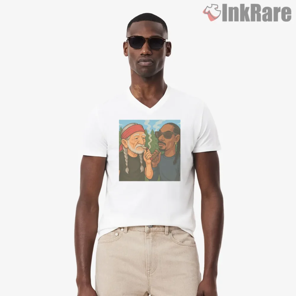 Snoop Dogg And Willie Nelson Chill Session Shirt on white v-neck shirt for men graphic tee