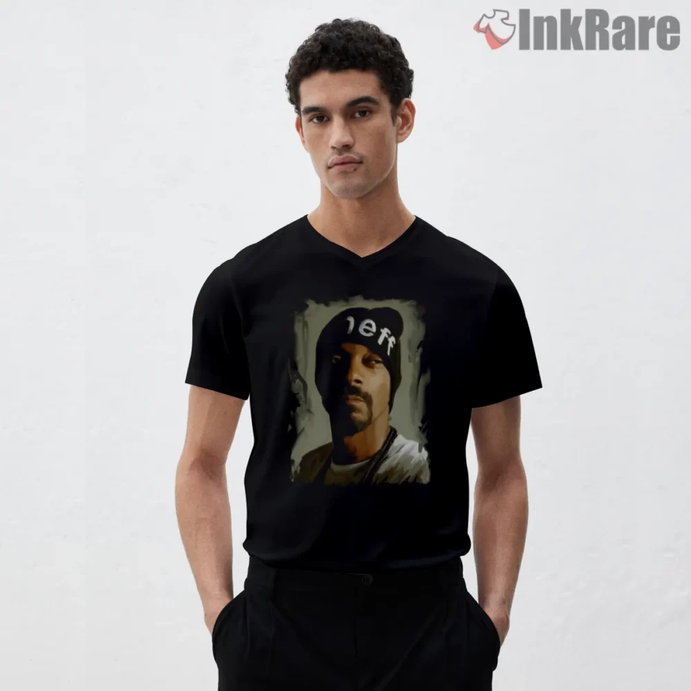Snoop Dogg Beanie Portrait Street Art Shirt on black v-neck shirt for men graphic tee