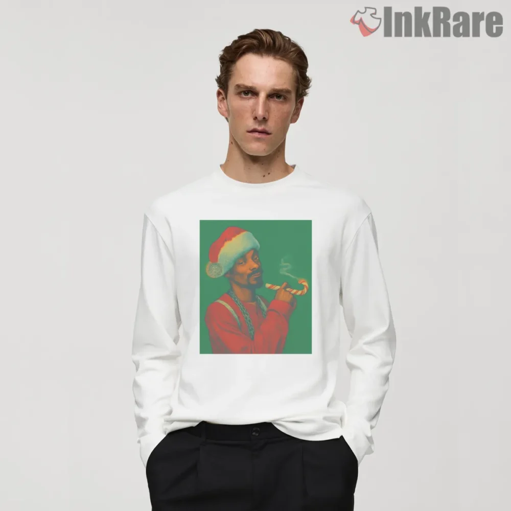 Snoop Dogg Candy Cane Holiday Santa Shirt on white long sleeve shirt for men graphic tee