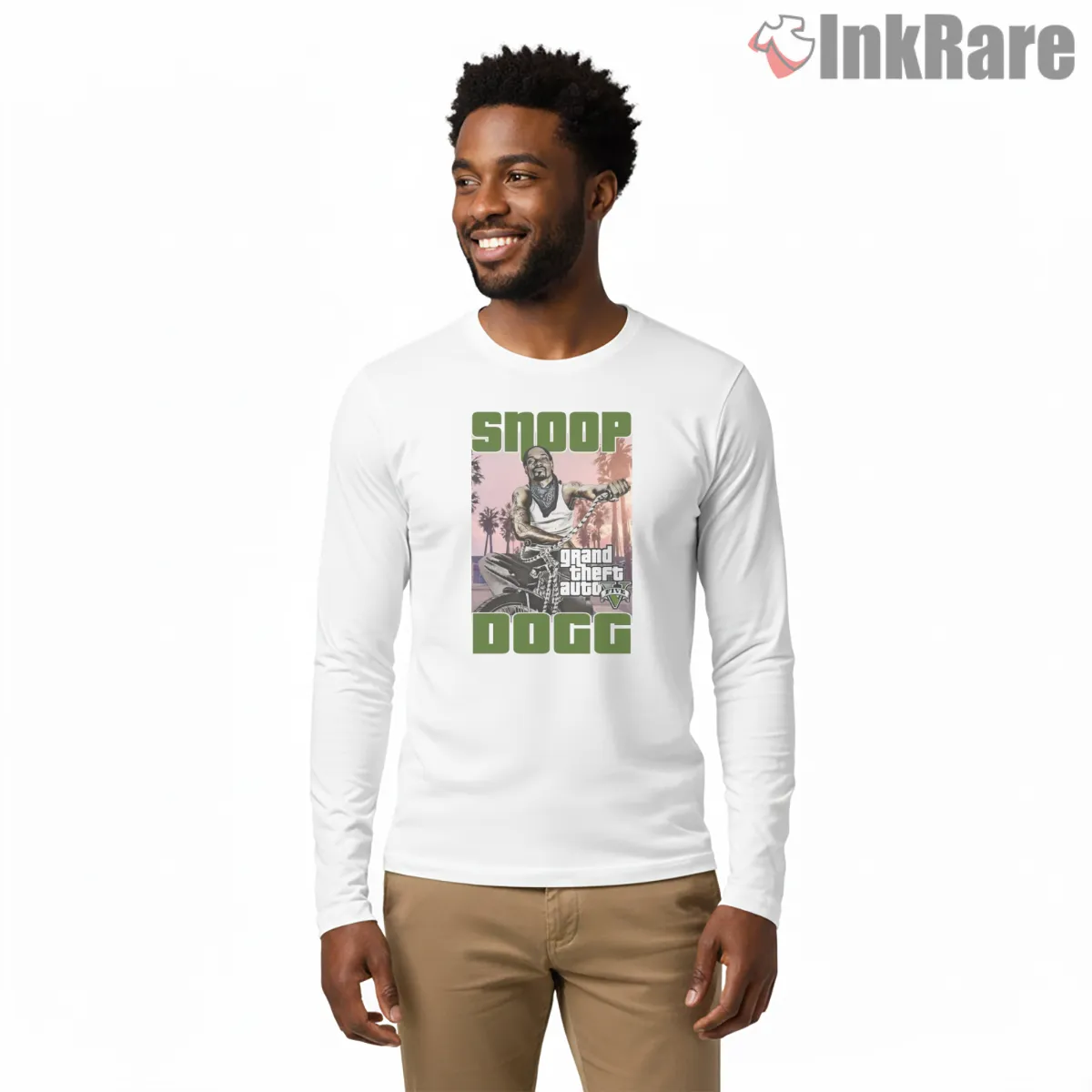 Snoop Dogg Classic Lowrider Drip Shirt on white long sleeve shirt for men graphic tee