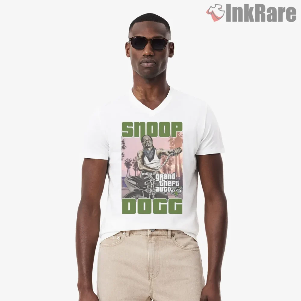 Snoop Dogg Classic Lowrider Drip Shirt on white v-neck shirt for men graphic tee