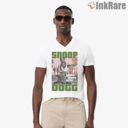 Snoop Dogg Classic Lowrider Drip Shirt on white v-neck shirt for men graphic tee