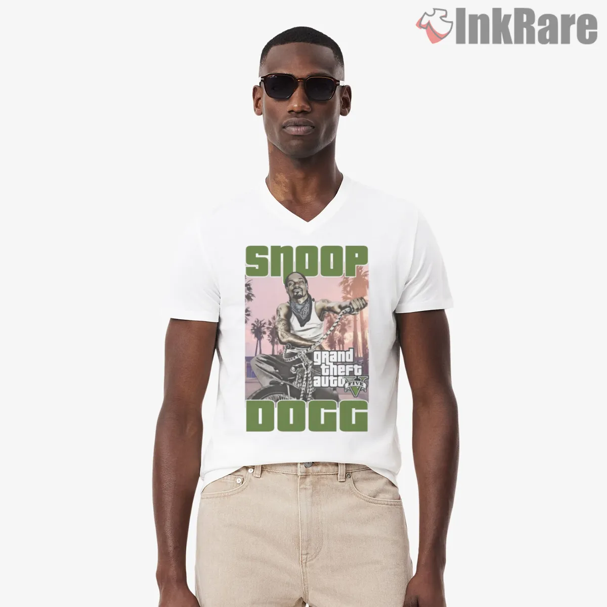 Snoop Dogg Classic Lowrider Drip V Neck White Snoop Dogg Classic Lowrider Drip Shirt on white v-neck shirt for men graphic tee