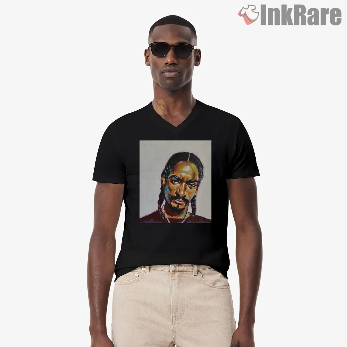Snoop Dogg Color Brushstroke Portrait V Neck Black Snoop Dogg Color Brushstroke Portrait Shirt on black v-neck shirt for men graphic tee