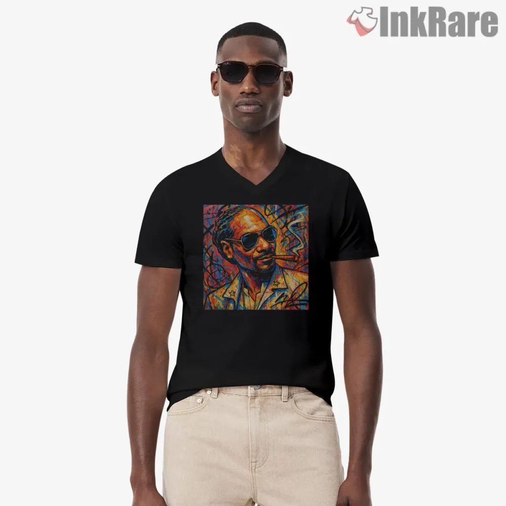 Snoop Dogg Color Splash Art Portrait Shirt on black v-neck shirt for men graphic tee